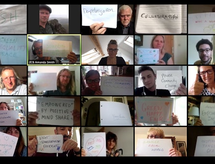 People on a conference call hold up signs on climate solutions.